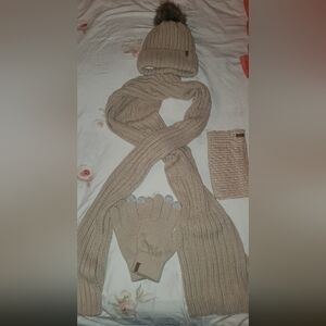 Furtalk 4 Pieces Elegant Beige Knit Scarf, Hat, and Gloves Set